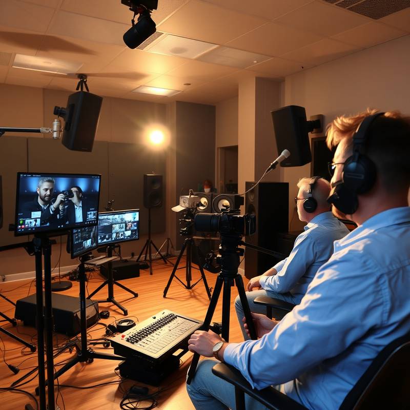 Profesionales trabajando en la postproducción de un video en un estudio de sonido.